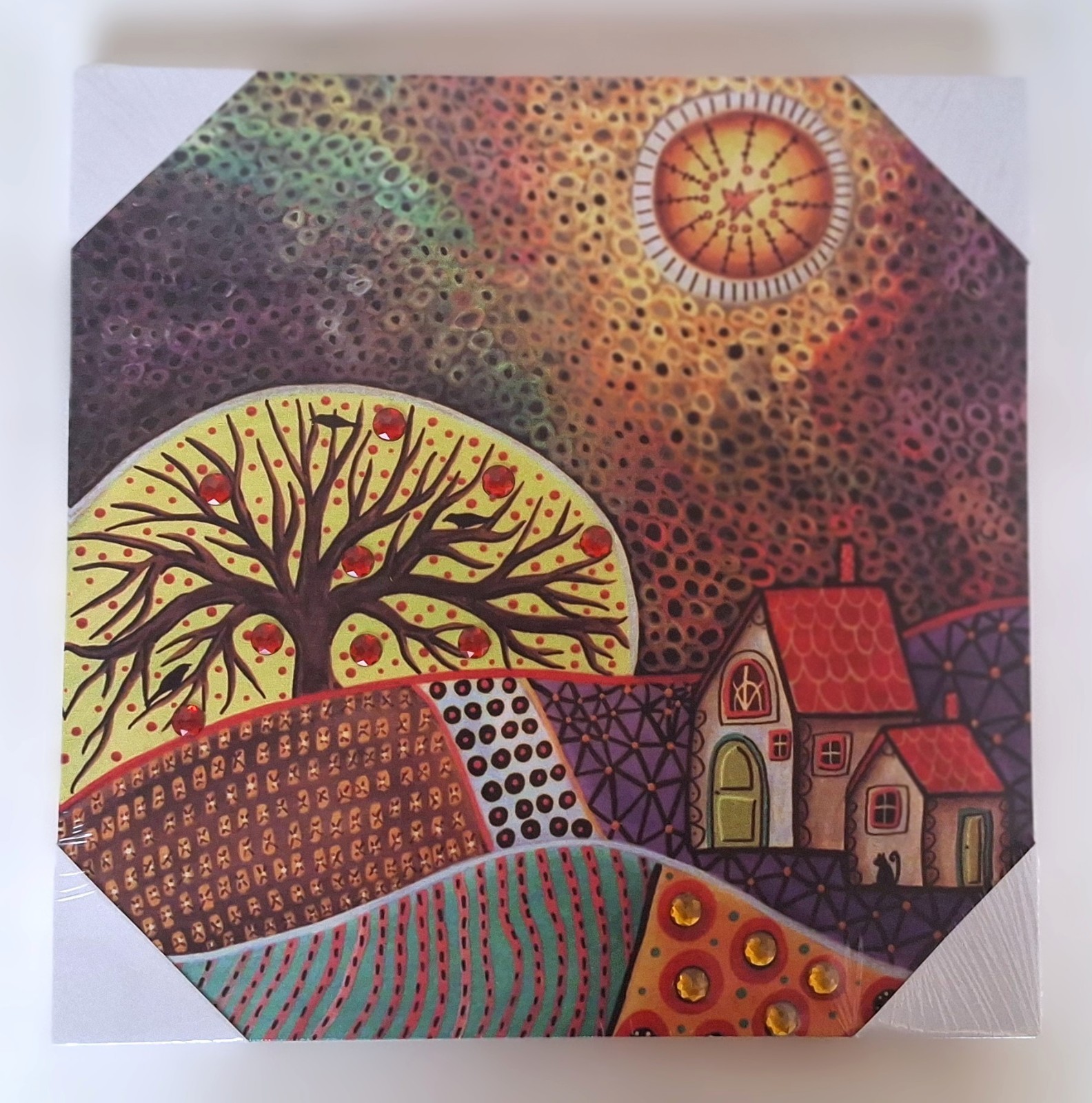 Tableau arbre et maison paysage moderne décoration murale strass