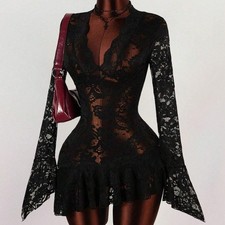Lady Lace Mini Dress V Neck Sheer Hollow Out Slim Fit Sexy Ruffle Party Fashion