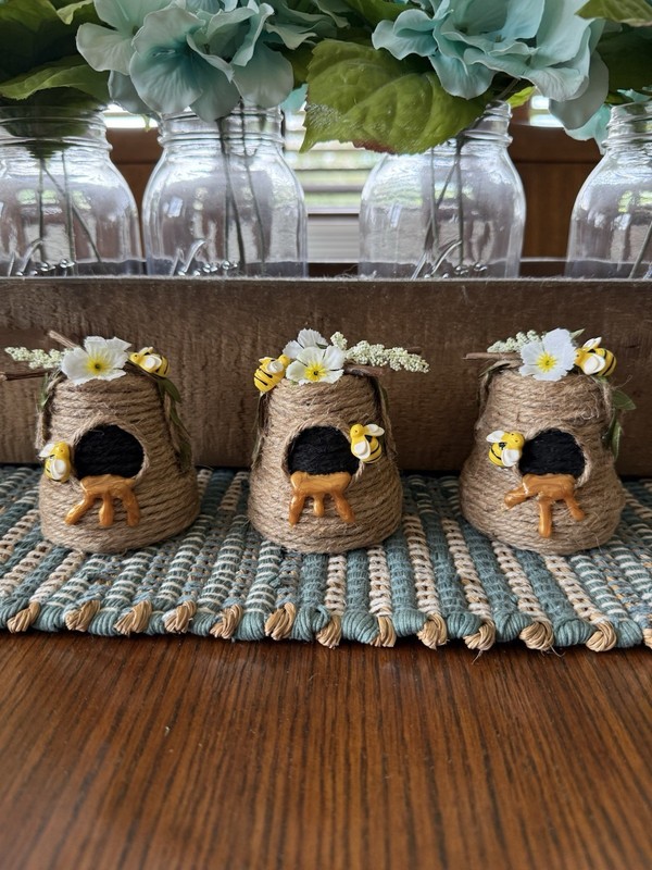 Set of 3*Beehive*Honeybees*Honey*Twine Wrapped Flower Pot*3” W X 4” H*