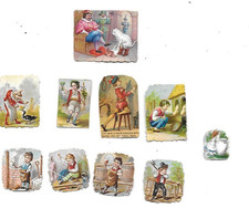 11 Mini Chromos alte Ausschnitte Victorian Scrap H. 3 cm Katze gestiefelt ...