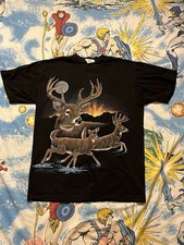 Vintage 1990s Deer Wildlife Art Graphic Black T-Shirt L Made In USA Hunting