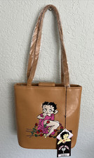 New Betty Boop Roses Tan Faux Leather Embroidered Large Bucket Handbag NOS