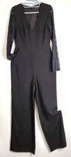 BCBG Maxazria Women's Long Lace Sleeve Wide Leg V Neck Jumpsuit Black New Sz 6