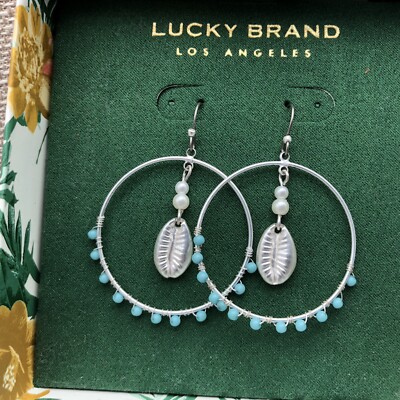 Precious Lucky Brand NIB Dangle Earrings Blue Bead Trim Feather Pendant