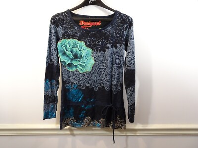 DESIGUAL Black  Teal Floral Print Shirt Tunic Size S Long Sleeve Tie Waist