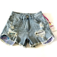 Justice Girl's Mini Mom Distressed Short Sequin Pocket Light Wash Size 16 NWT
