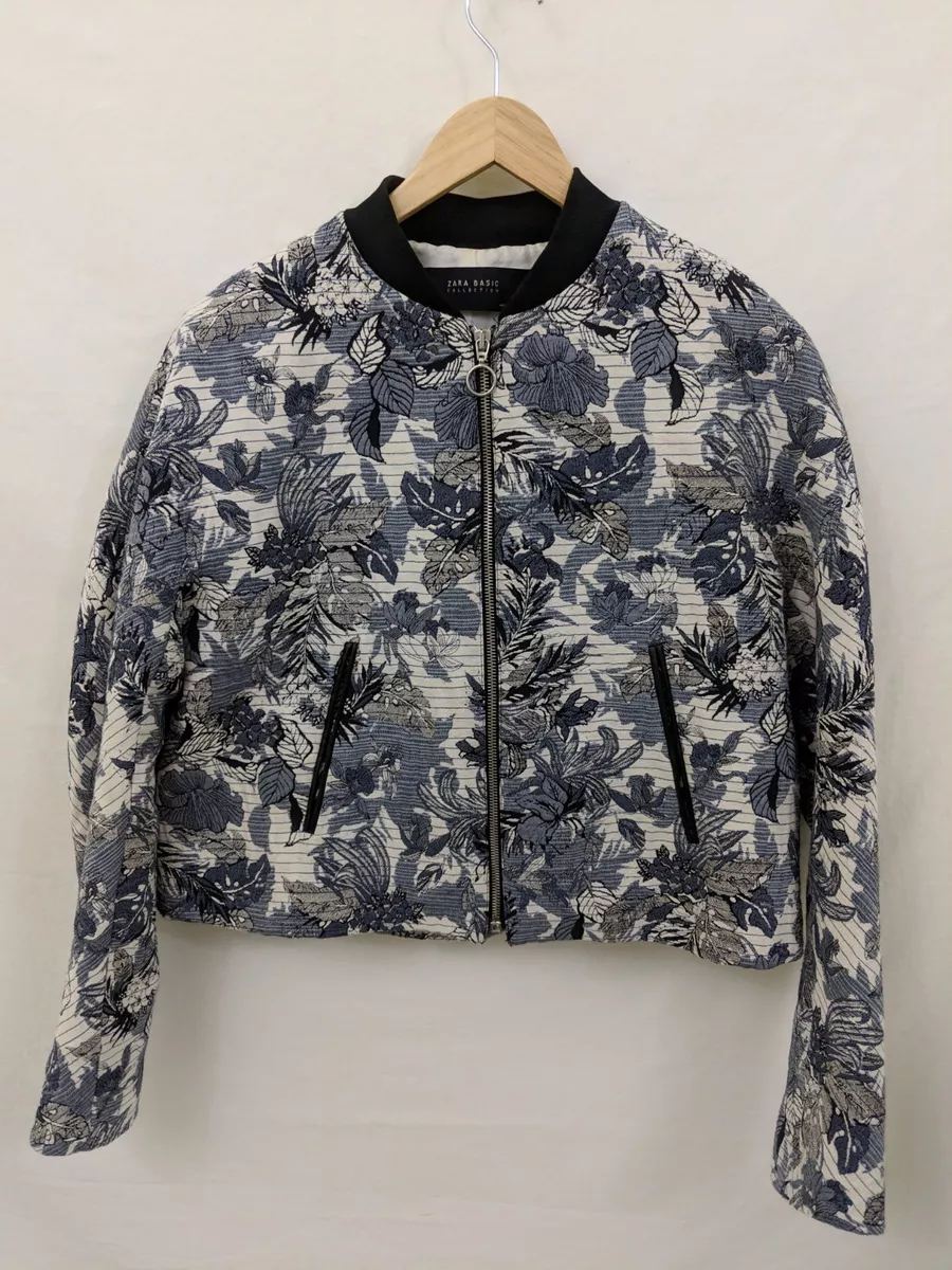 Zara Basic Women Floral Jacquard Blue White Stretch Bomber Cotton Jacket Size M