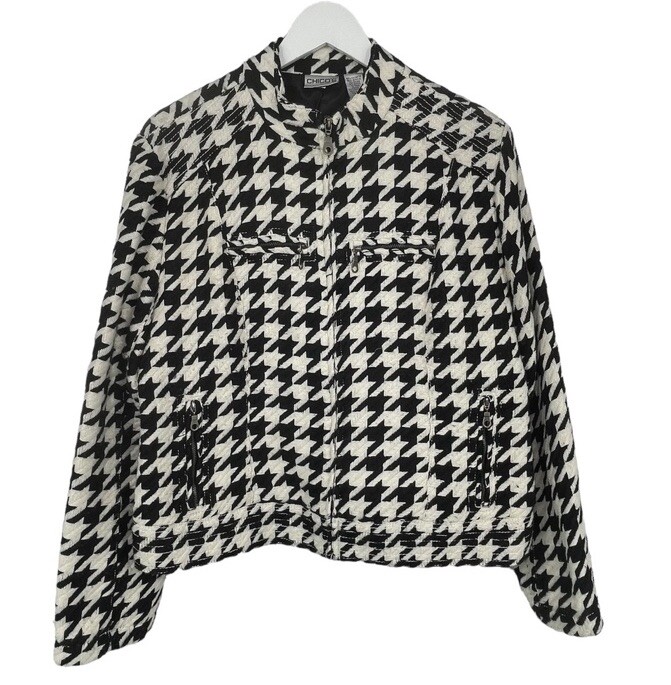 CHICOS Jacket Knit Moto Jacket Black White Houndstooth Outerwear