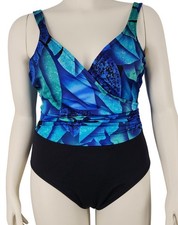 Women's Vintage Jantzen USA Made Blue Abstract Black One-Piece Swimsuit Size 16
