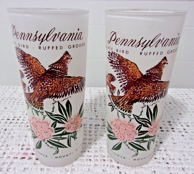 PENNSYLVANIA State Glass Frosted Drinkware Ruffed Grouse Mountain Laurel (2) VTG