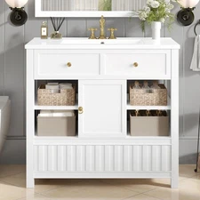 36" Bathroom Vanity w/Sink,Doors & Storage Shelves,Drawers White Storage Cabinet