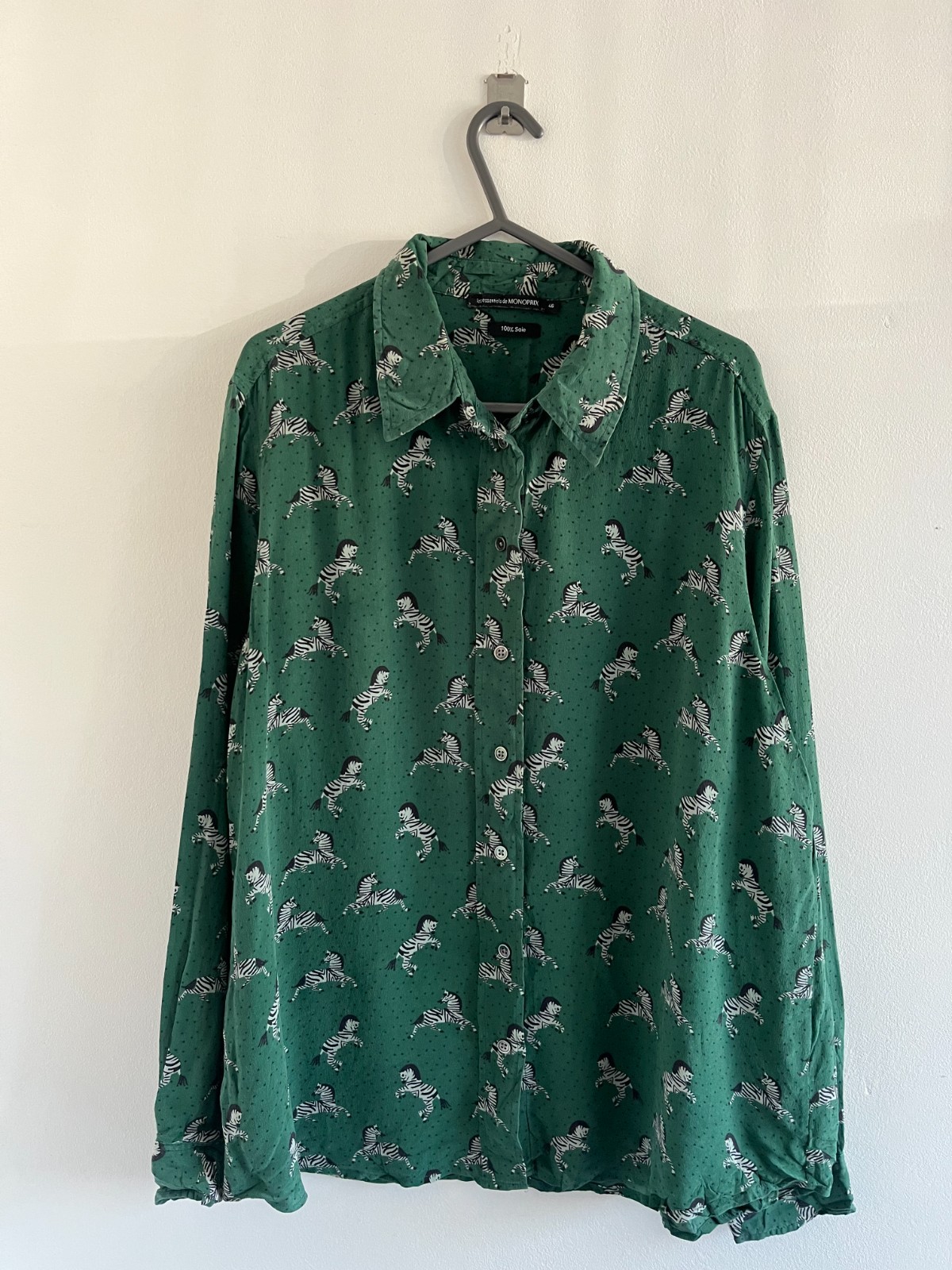 Camisa de manga larga Monoprix con estampado de cebra verde 100 % seda para mujer L-XL/12-14