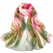 Women Floral Lightweight Sheer Scarf Shawl Wrap Pink Green 160x50cm