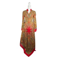 Indian Ethnic Paisley Red Green Flowy Traditional Asymmetrical Dress Size Medium