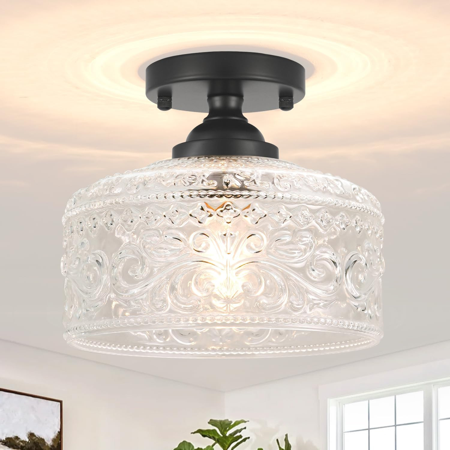 Vintage Matte Black Semi Flush Mount Ceiling Light - Etched Glass Shade Fixture