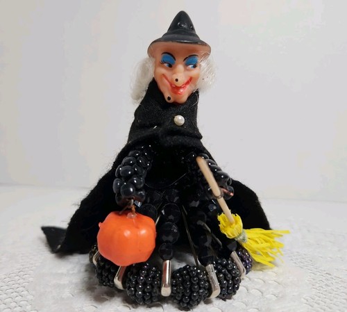 Vintage 50s Beaded Safety Pin Craft Doll Witch w Broom Kitsch Kitschy Halloween
