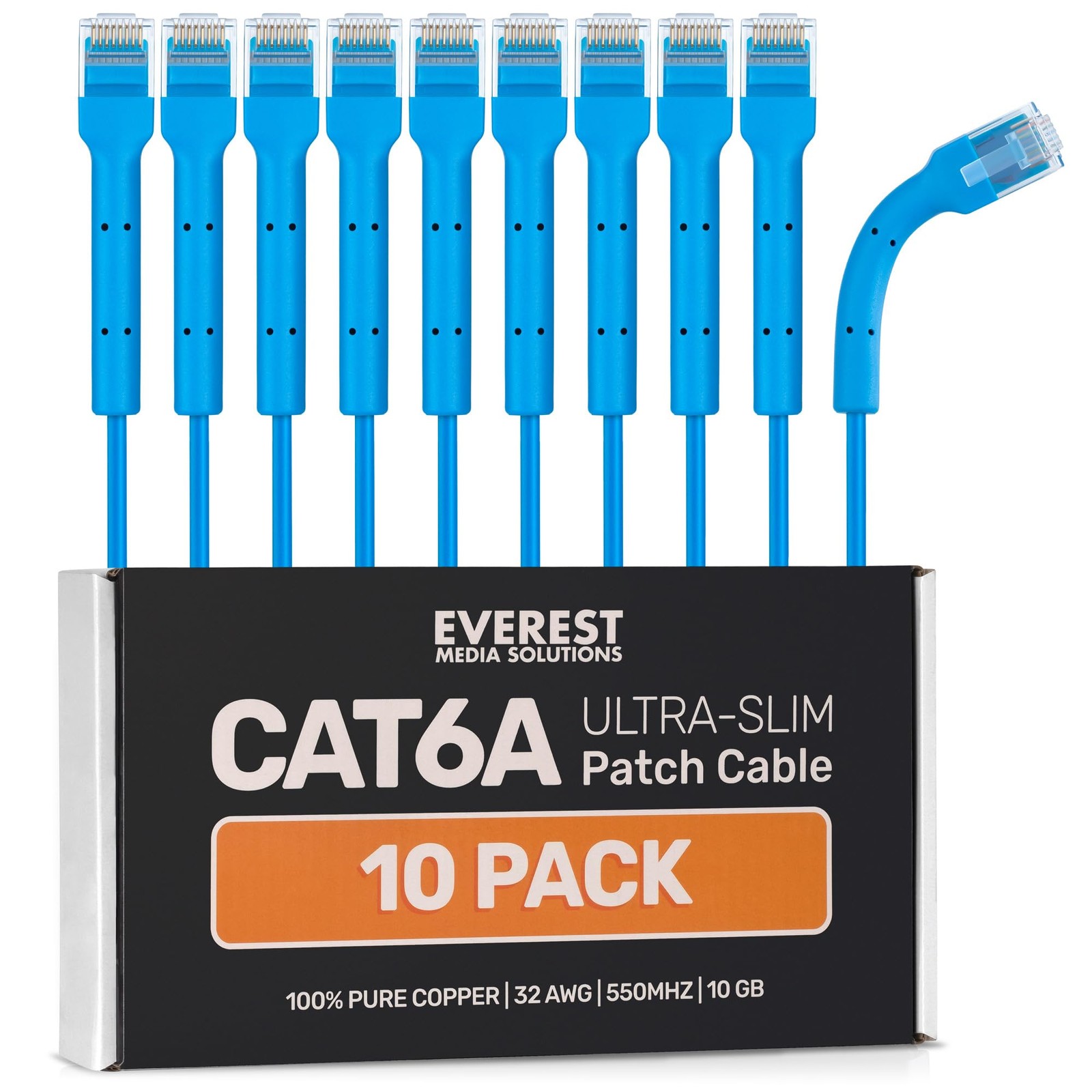 Everest Ultra Slim Cat6a Ethernet Cables 6ft 10-Pack Blue 10Gbps High-Speed