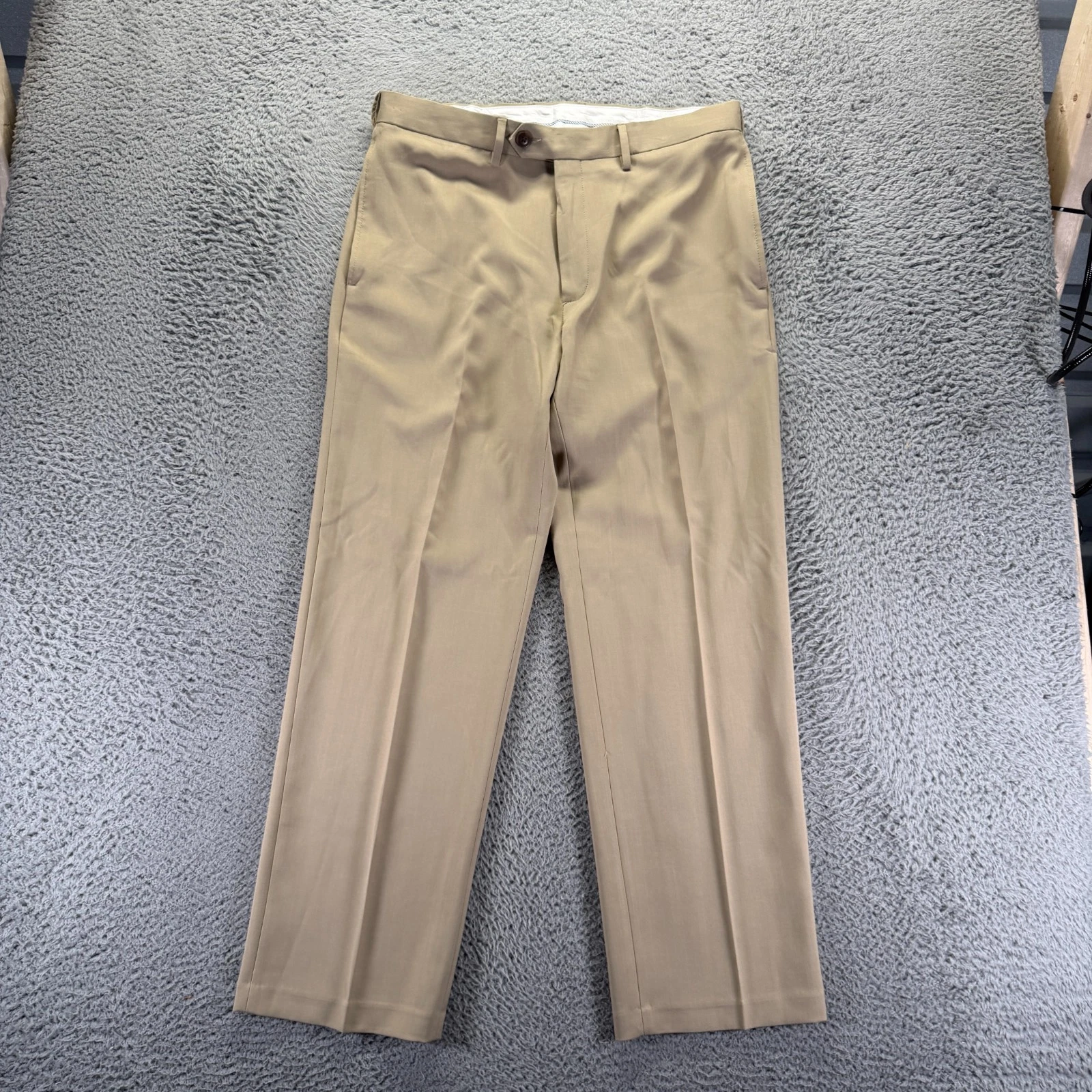 Haggar E-Clo Stria Pant Mens 34x30 Beige Polyester Dress Straight Classic Preppy
