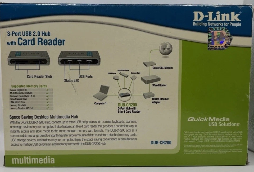 D-LINK DUB CR200 Hub USB 2.0 3Port - w power cord and usb cable - Image 3 of 4