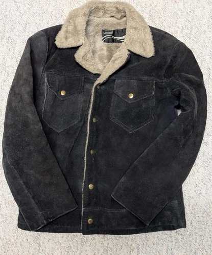 1970s vintage COWHIDE split-suede WESTERN sherpa jacket 38 black TRUCKER cowboy image 7