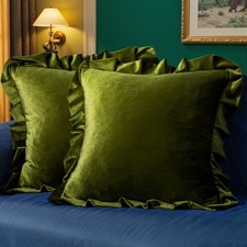 Velvet Ruffle Throw Pillow Covers Pack of 2 20x20 Inch Olive Green