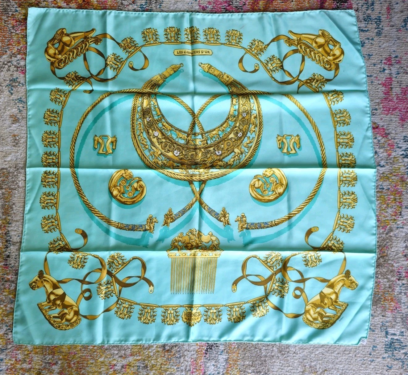 Authentic Hermes Les Cavaliers D'or Scarf 100% Silk