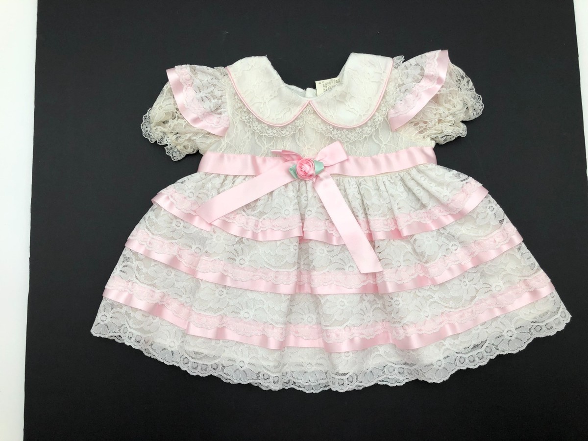 Vintage Baby Girls Ruffle, Lace White Dress with pink Ribbon Size 12 Months