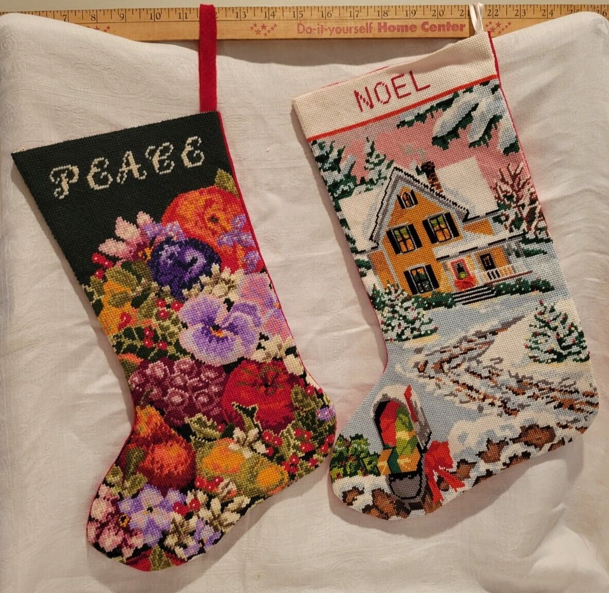 Set of 2 Vintage Handmade Christmas Needlepoint Stockings Embroidery Peace  Noel