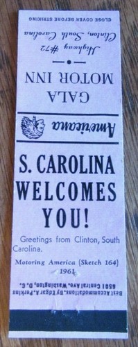 GALA MOTOR INN CLINTON SOUTH CAROLINA PERKINS AMERICANA MATCHBOOK CUBIERTA E17 - Imagen 2 de 2