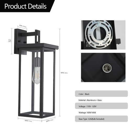 2 Pack 20'' Modern Black Outdoor Wall Light w Glass Shade Sconces Porch Fixture - Picture 2 of 12