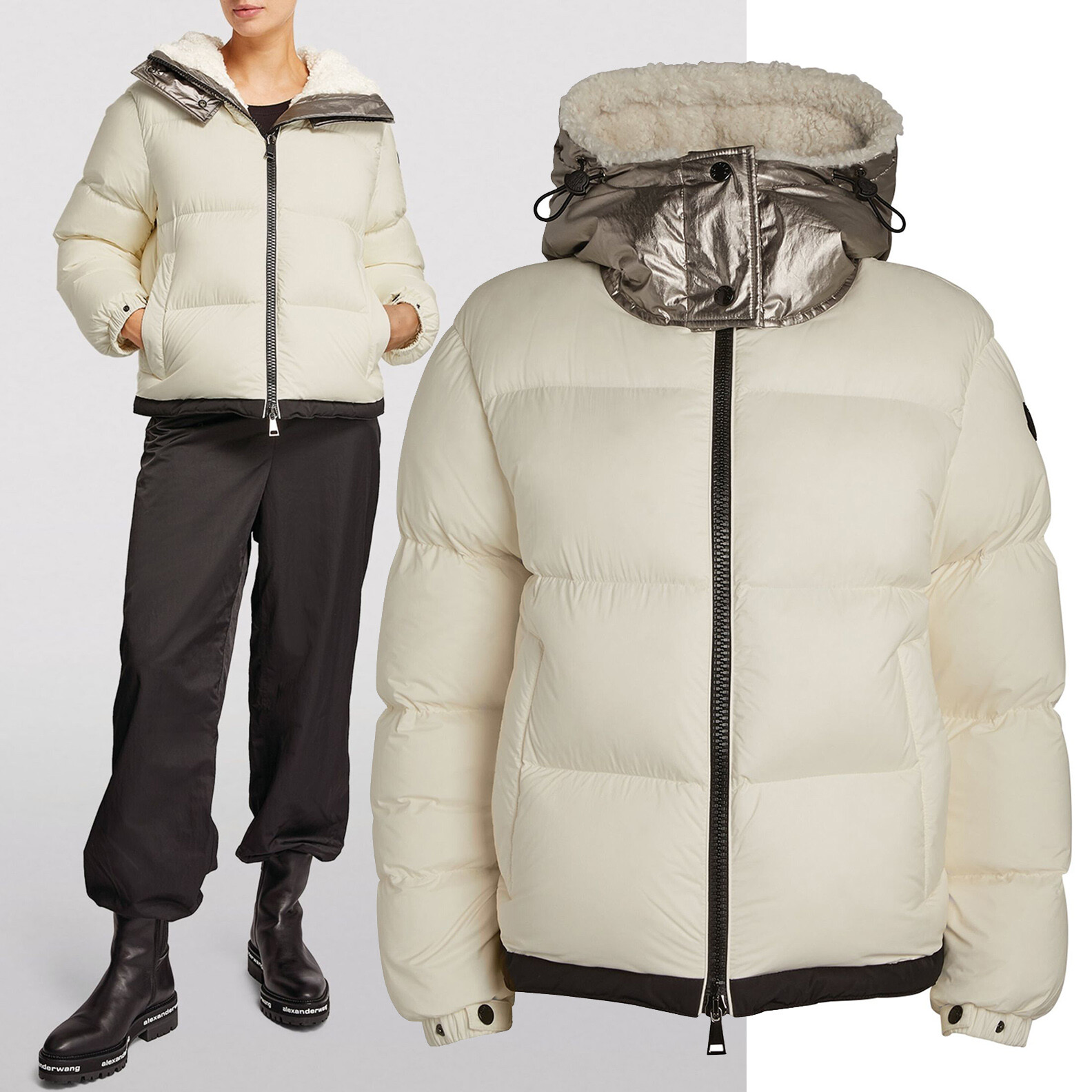 Moncler Off White Silver Hooded Down Puffer Jacket Bufonie Size L $2150-image