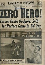DON LARSEN SIGNED 1956 DAILY NEWS NEW YORK NEWPAPER PAGE 1956 WORLD SERIES 10/9