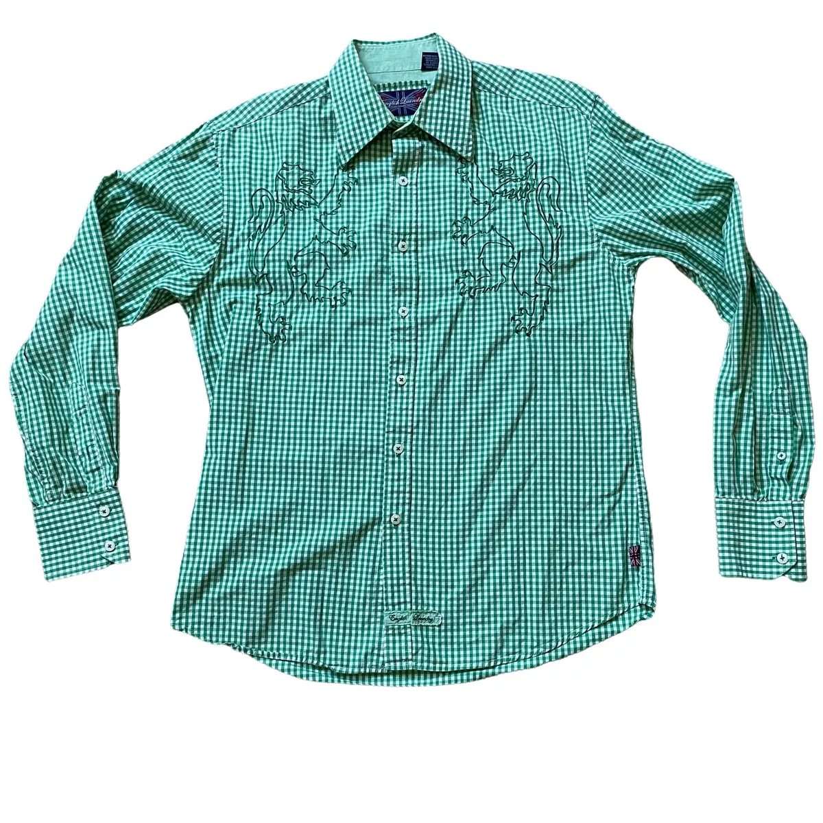 English Laundry Green Check Shirt w. Embroidered Lions Medium