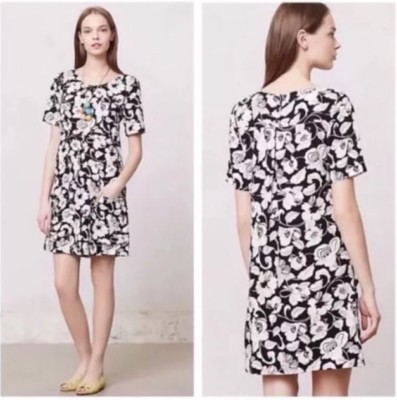 Anthropologie Maeve Black And White Floral Shift Dress With Pockets | eBay