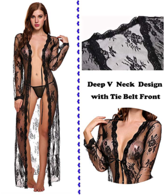 Sexy Lingerie for Women Long Sexy Lace Dress Sheer Gown See Through Kimono  Robe