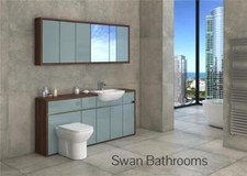 T. WALNUT / METALLIC BLUE GLOSS BATHROOM FITTED FURNITURE WITH WALL UNITS 1900MM