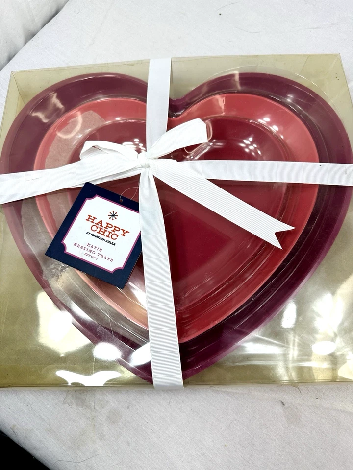 Happy Chic Jonathan Adler Conjunto 3 Bandejas de Aninhamento de Coração Rosa Pratos Pratos NOVO FSh - Imagem 4 de 4