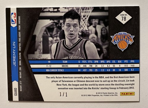 2011-12 Jeremy Lin Panini Limited Basketball 1/1 LINSANITY - Picture 2 of 2