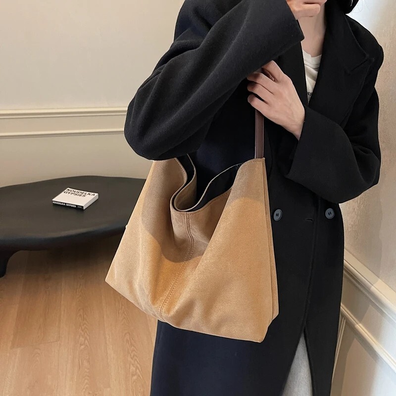 Large Suede Leather Shoulder Bags Women Snap Lock Adjustable Strap