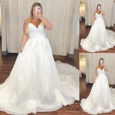 Simple Strapless Plus Size A Line Wedding Dresses Sweep Train V Neck Bridal Gown