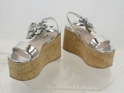 みぅみぅ MIU MIU PRADA 5XZ346 SILVER POLISHED LEATHER FLOWER PLATFORM