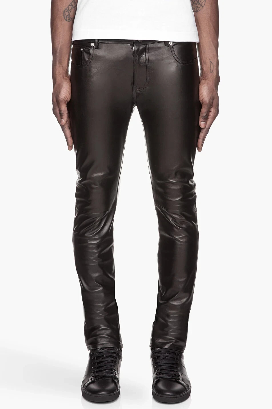 SAINT LAURENT PARIS pantaloni biker elasticizzati pelle nera jeans slim 52 $3.300