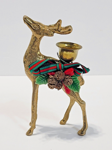 Vintage Brass Deer MCM Buck Stag Doe Candle Holder Pair with Christmas Winter - Picture 4 of 21