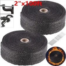 2 Pack 2'' x 50ft Black Pipe Header Manifold Exhaust Heat Wrap Tape with Ties