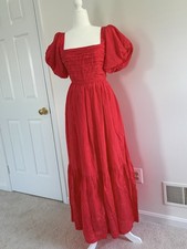 Abercrombie & Fitch Red Solid Square Neck Puff Sleeve Smocked Maxi Dress S