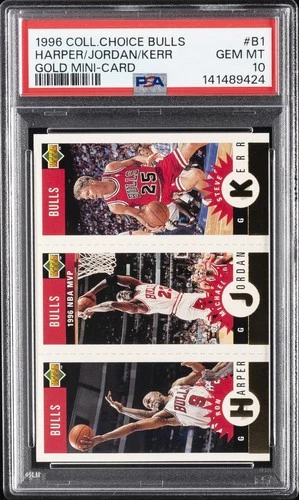 1996 GOLD MINI-CARD #B1 MICHAEL JORDAN/RON HARPER/STEVE KERR PSA 10