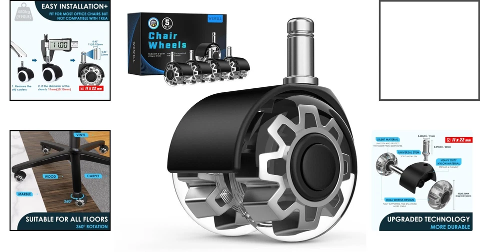 Hohe Tragfähigkeit: 11 x 22 mm Bürostuhlrollen - Werkzeugfreie Montage, 5 Stück - Bild 2 von 4