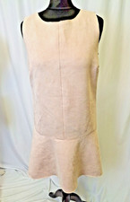 MANGO Faux Suede Mini Shift Dress Sleeve Cut Out Back Beige Women's Medium C5744