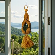 Vtg 70s Woven Macrame Plant Hanger Golden Yellow 25" Boho Hippie Decor NO POT