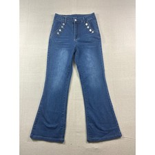 Womens Blue Denim Bell Bottom Jeans High Rise Button Flare